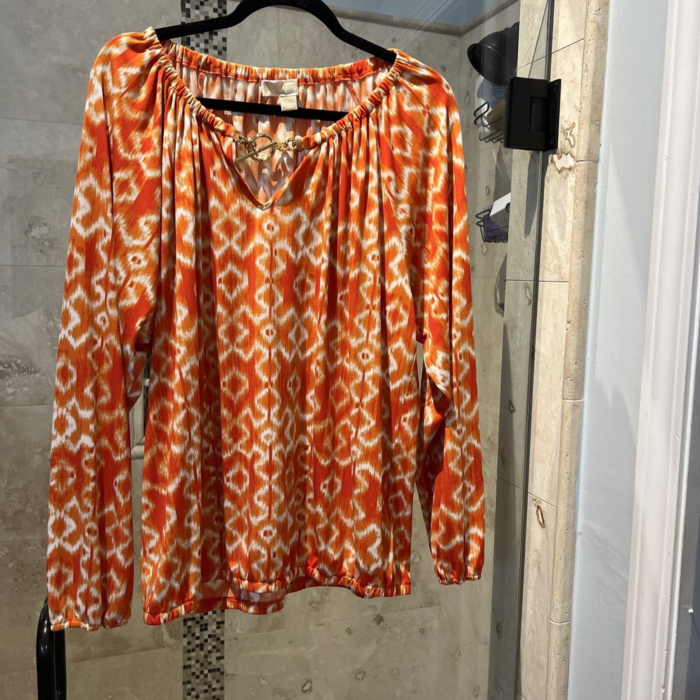 Michael Kors Womens XL Knit Tunic Top Orange Geometric Gold Chain Cut Out Blouse